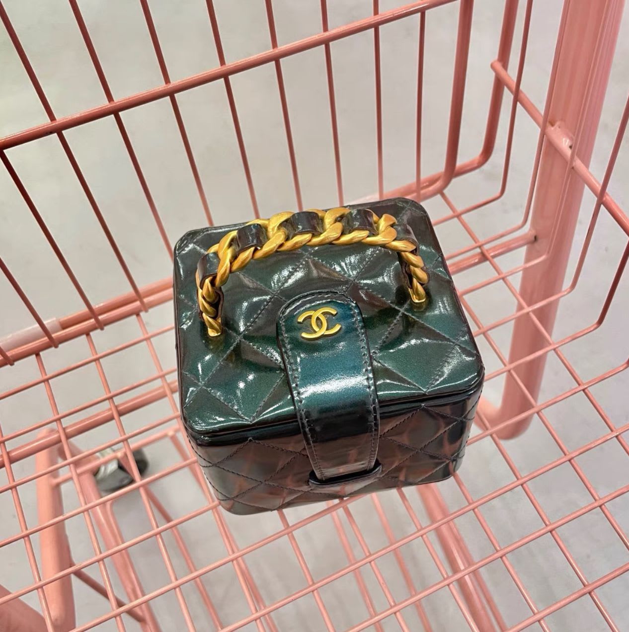 Chanel Vanity Case Micro Mini 90s  Green Rare Patent Clutch
