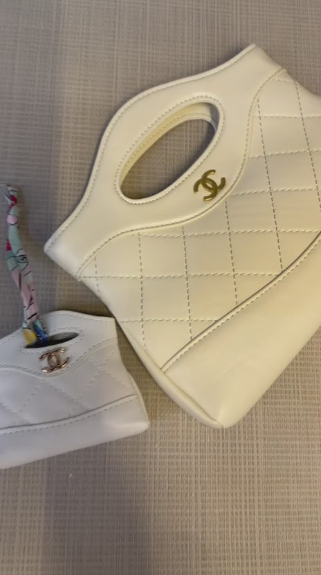 Chanel Quilted Leather Top Handle Tote Bag White with Coin Pouch