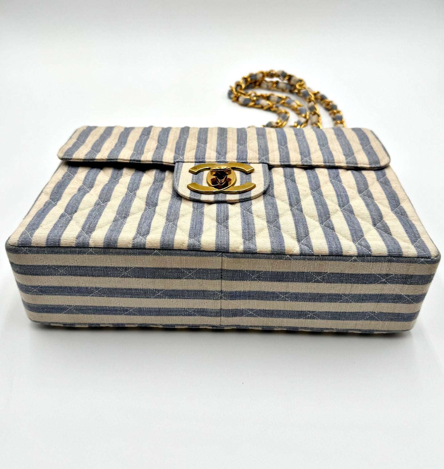 Chanel  1990s Jumbo Blue and White Striped Linen and Cotton Classic Flap Bag
