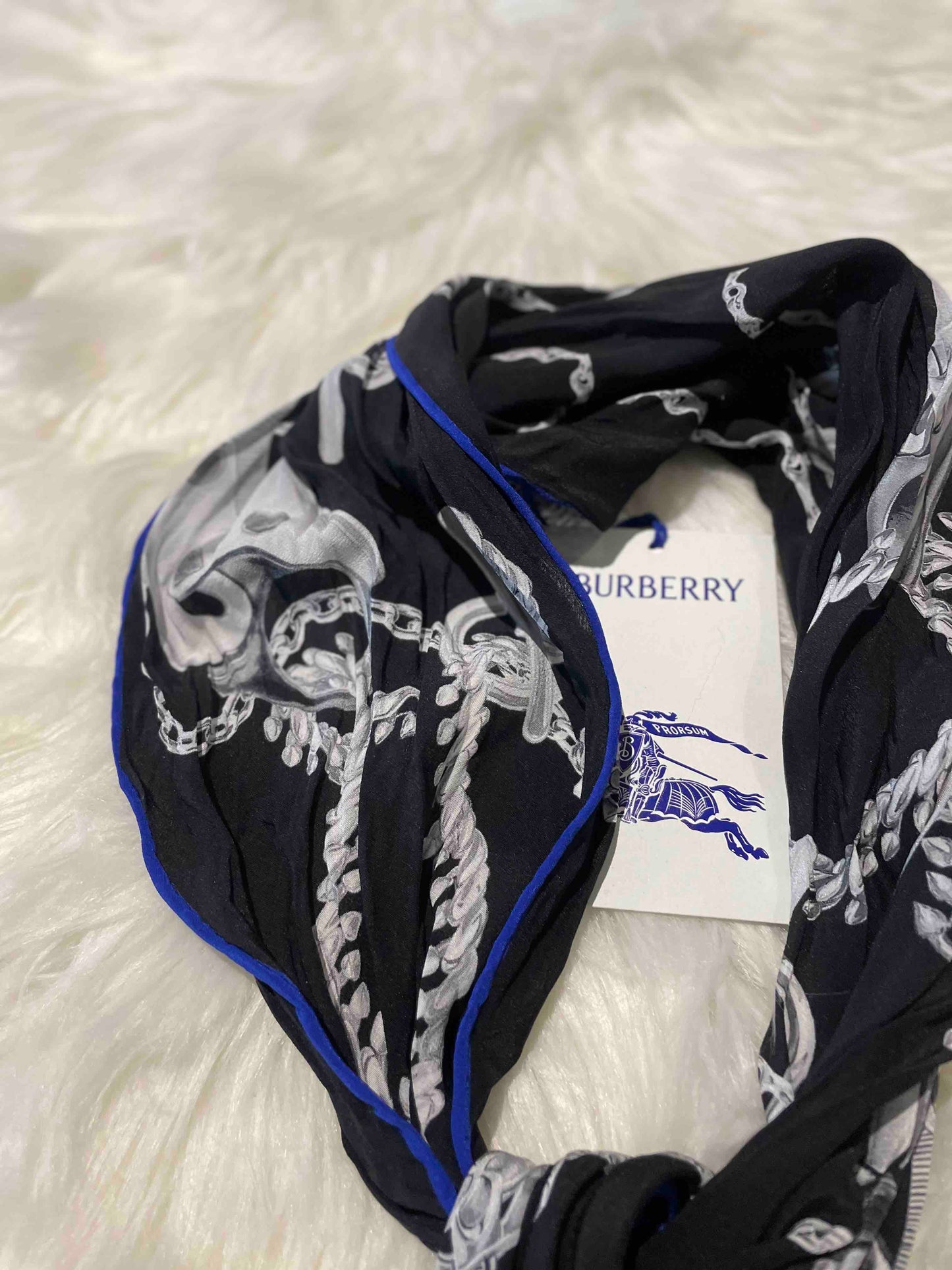 Luxury Burberry Silver Knight C Silk Scarf Black
