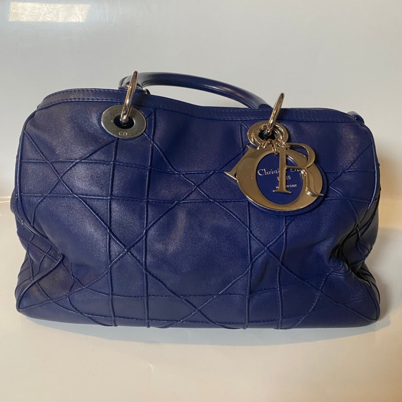 Christian Dior Cannage Leather Blue Tote Bag -