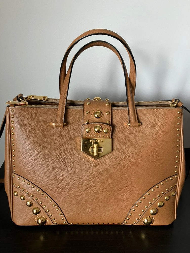 Prada Turn Lock Tan Leather Shoulder Bag