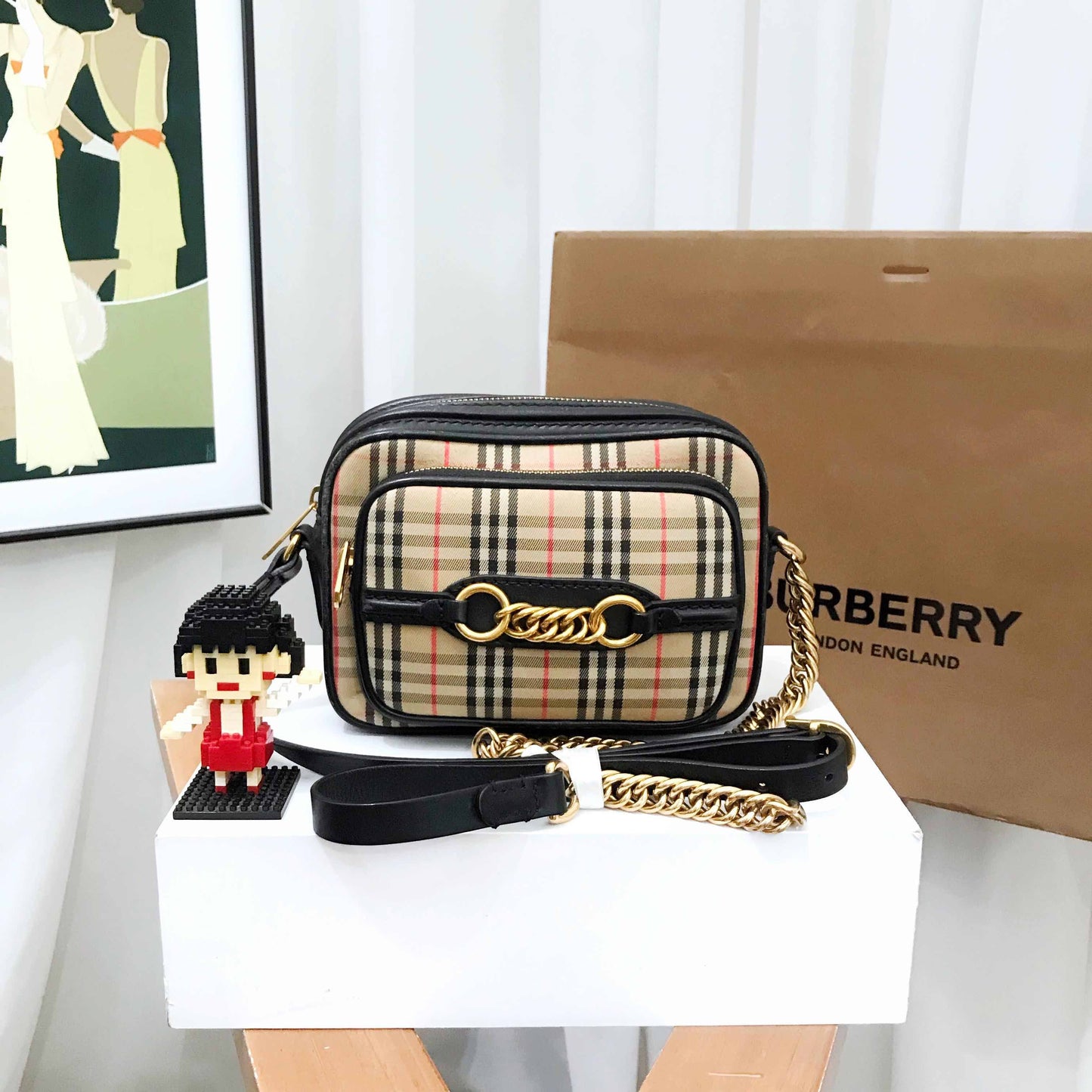 Luxury Burberry 1983 Check Canvas Leather Camera Bag Beige