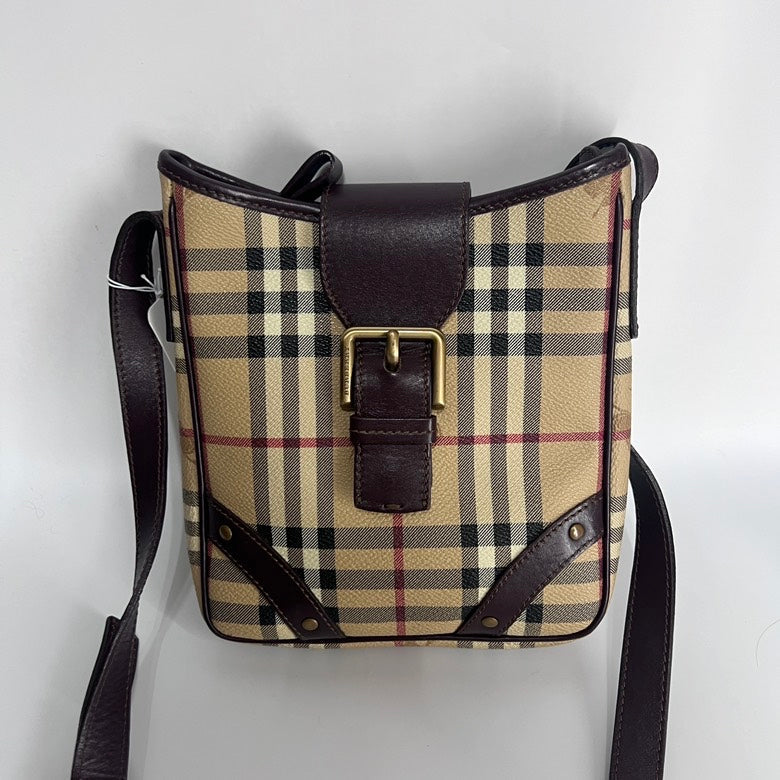 Luxury Burberry Beige Leather Check Crossbody Bag