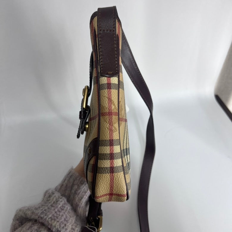 Luxury Burberry Beige Leather Check Crossbody Bag
