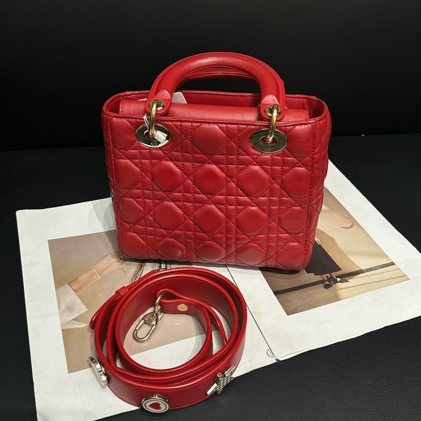 Dior Lady Red Leather Quilted Handbag Medium