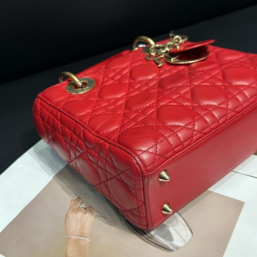 Dior Lady Red Leather Quilted Handbag Medium