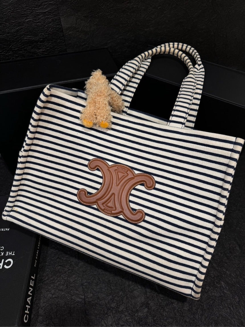 Luxury CELINE cabas vertical stripe black leather tote