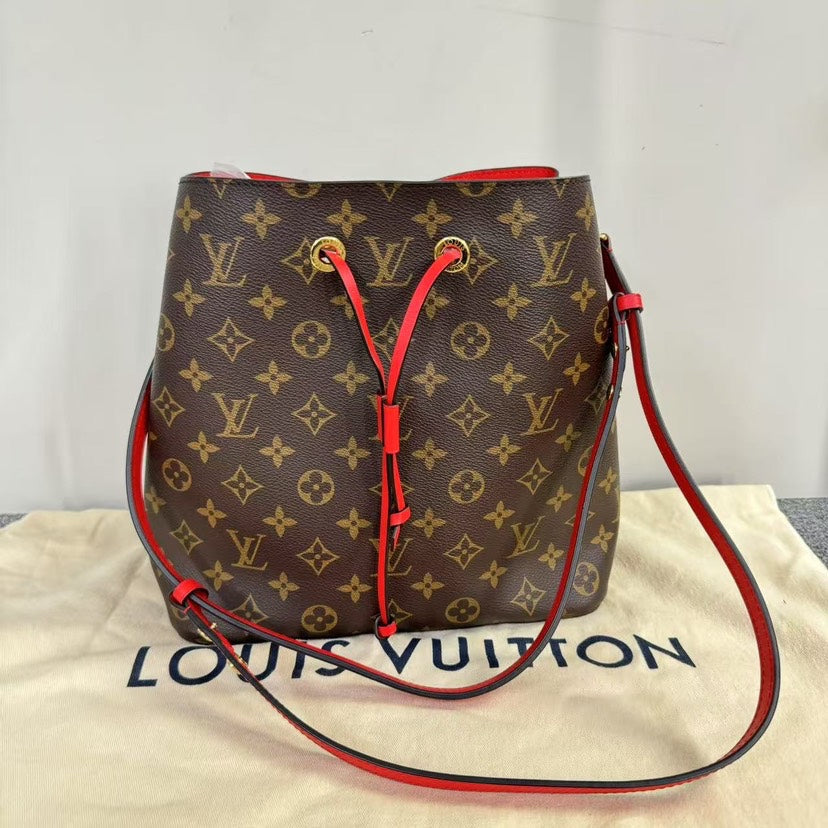 Louis Vuitton Noe Monogram Brown Red Bucket Bag