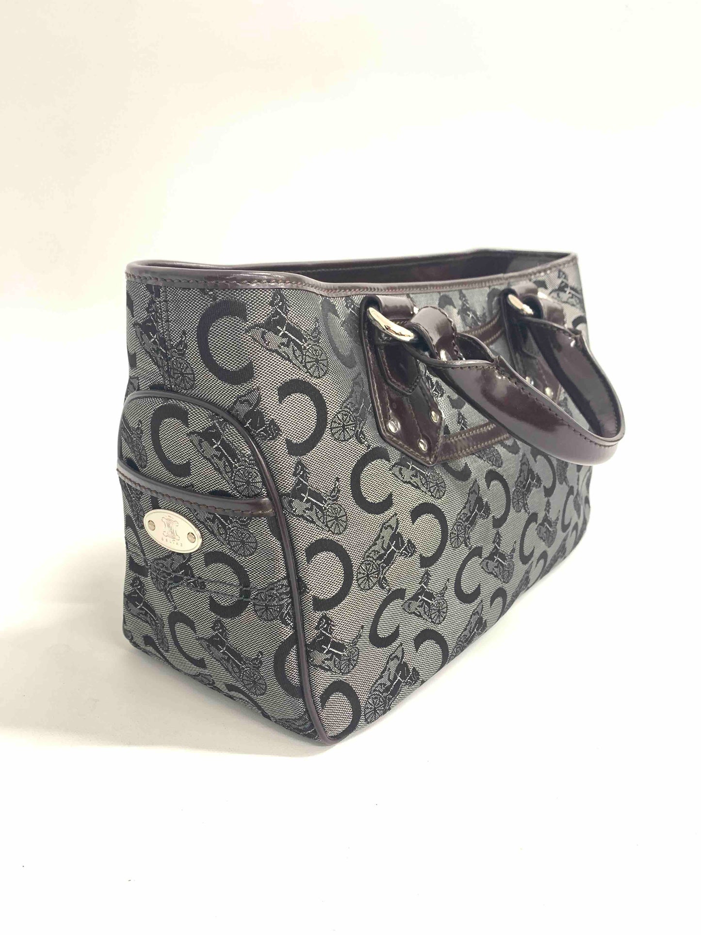 Luxury CELINE Vintage Pattern Gray Canvas Top Handle Bag