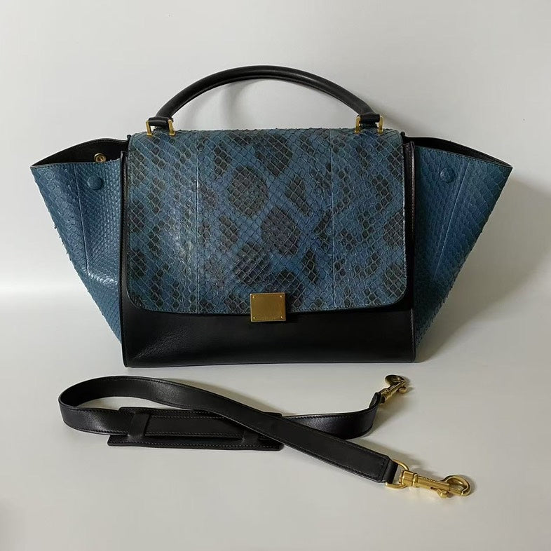 Luxury CELINE Two Ways Bag in Blue and Black Python Leather -  Satchel