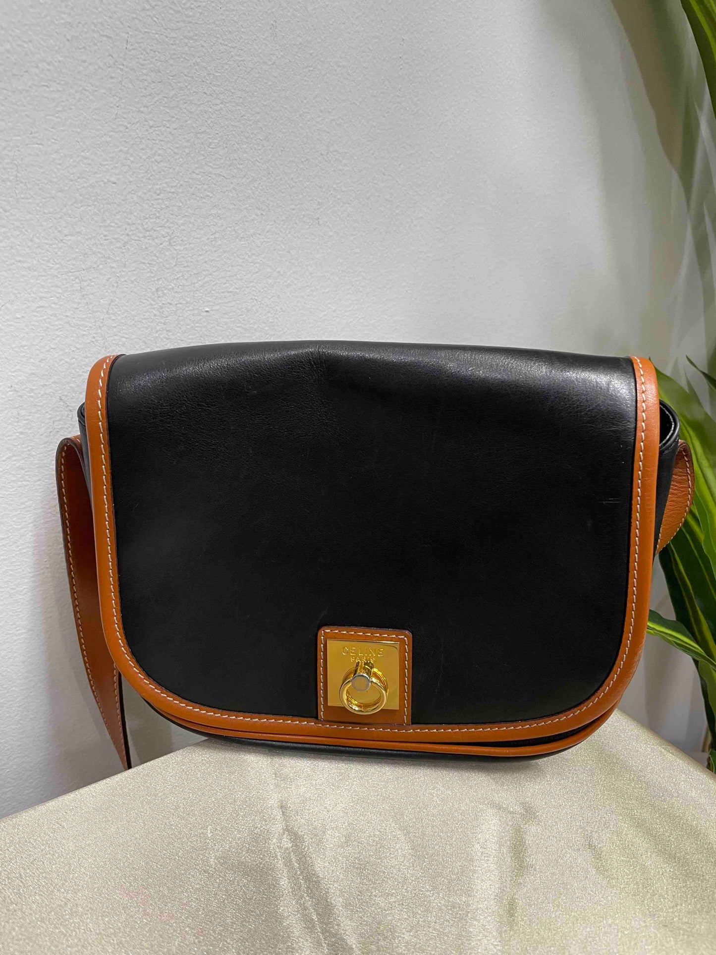 Luxury CELINE Classic Black and Tan Leather Crossbody Bag