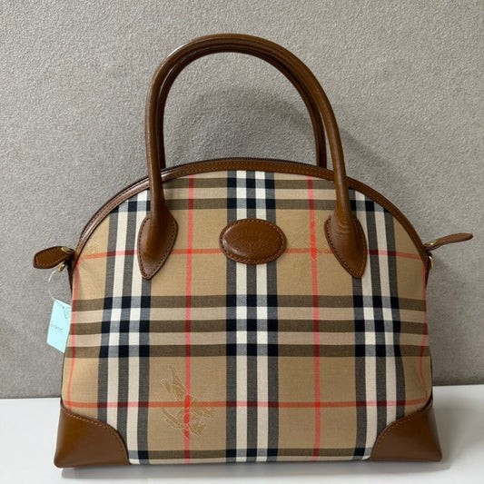 Luxury Burberry Canvas Leather Handbag O274302 in Classic Plaid Beige, Top Handle Bag