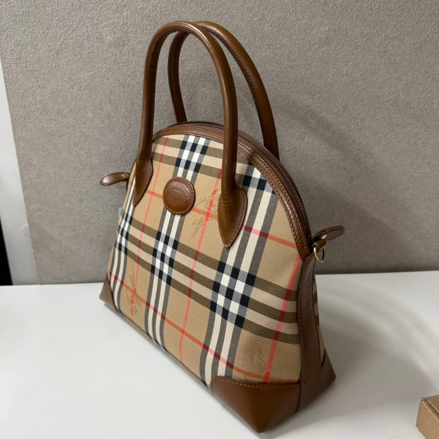 Luxury Burberry Canvas Leather Handbag O274302 in Classic Plaid Beige, Top Handle Bag