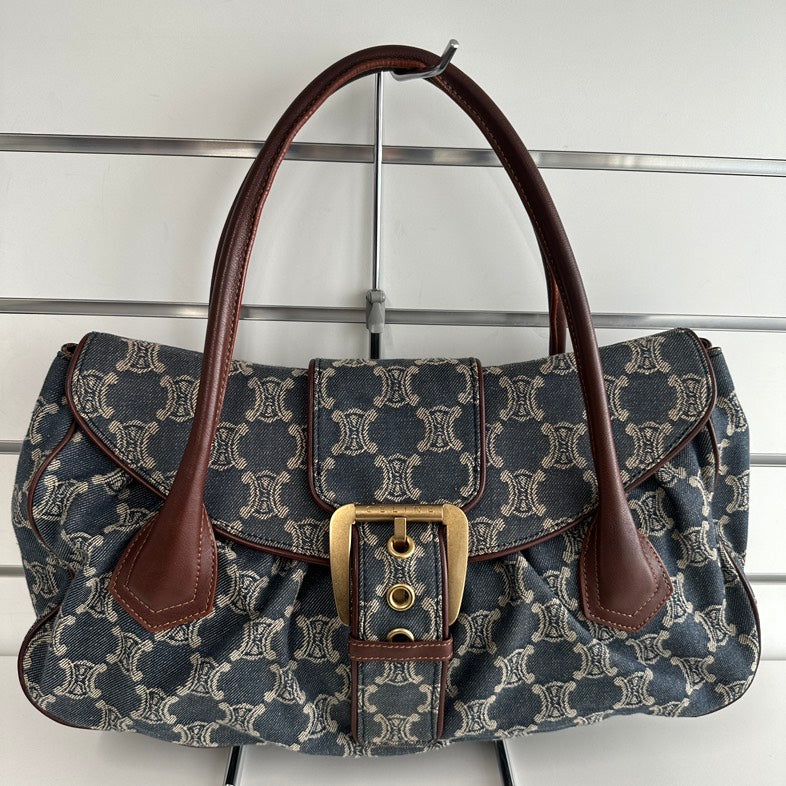 Luxury CELINE Macadam Canvas and Leather Hobo Bag in Blue - Vintage Collection