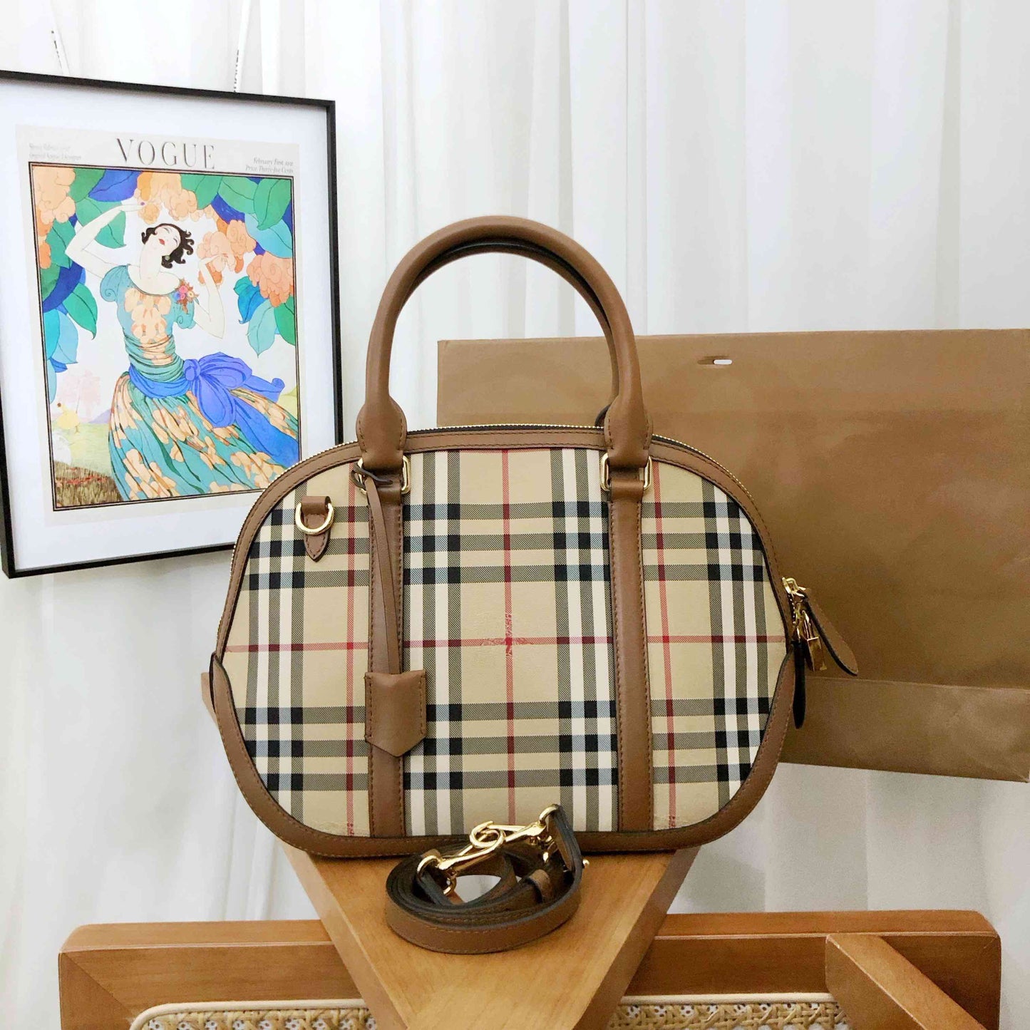 Luxury Burberry Vintage Check Plaid Beige Shoulder Bag