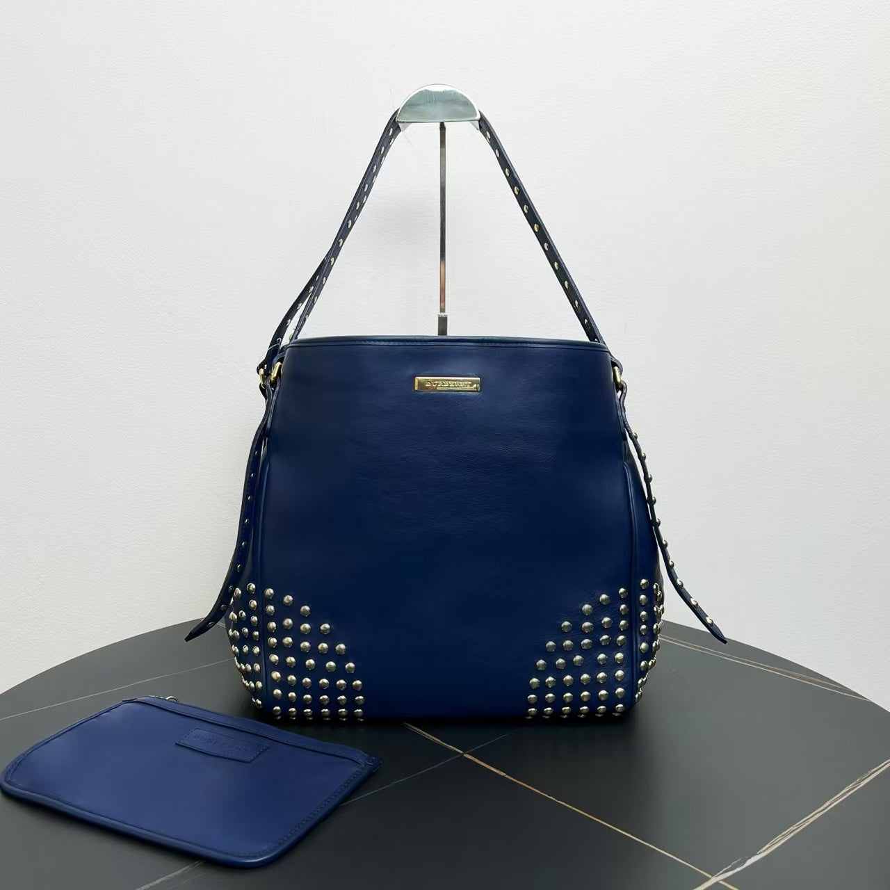 Luxury Burberry Studded Tote Bag in Navy Leather