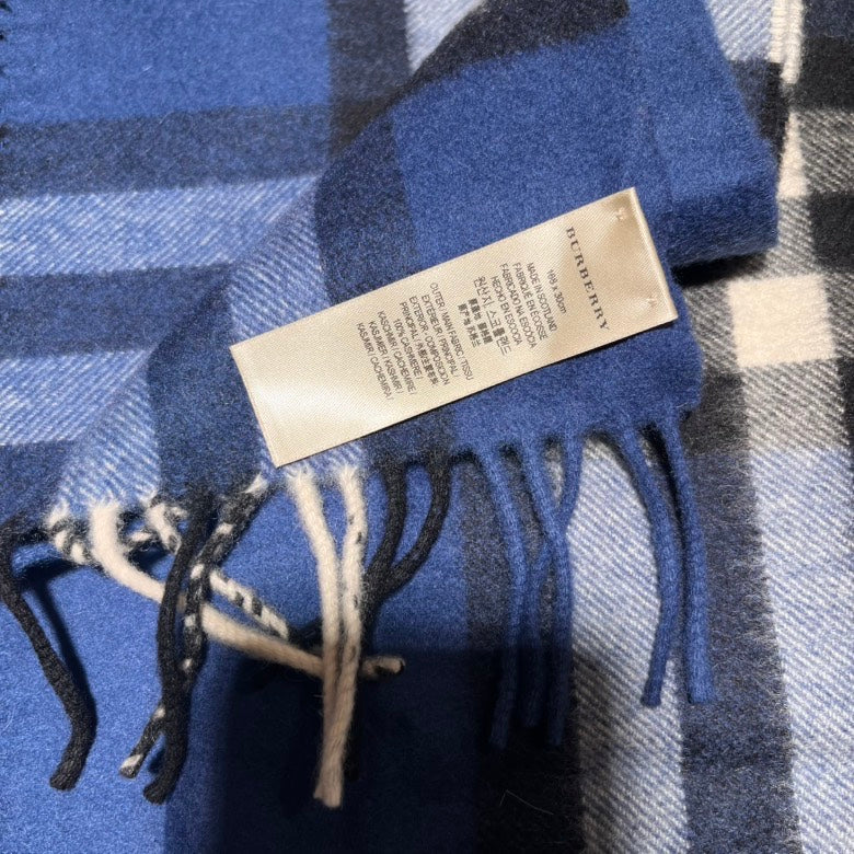 Luxury Burberry Cashmere Scarf Check Blue Scarves and Shawls