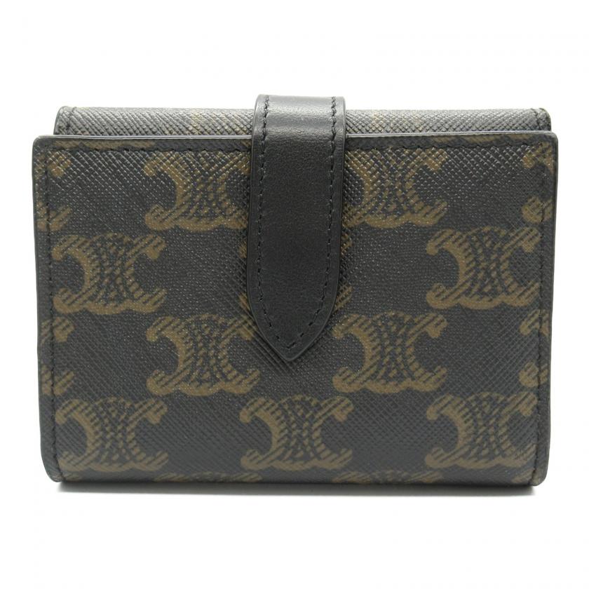 Luxury CELINE Triomphe Trifold Wallet Black PVC Coated Canvas Leather