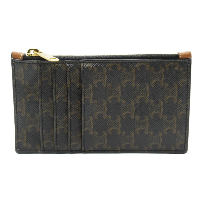 Luxury CELINE Triomphe Coin Card Holder Coin Purse Black Brown PVC Coated Canvas Leather
