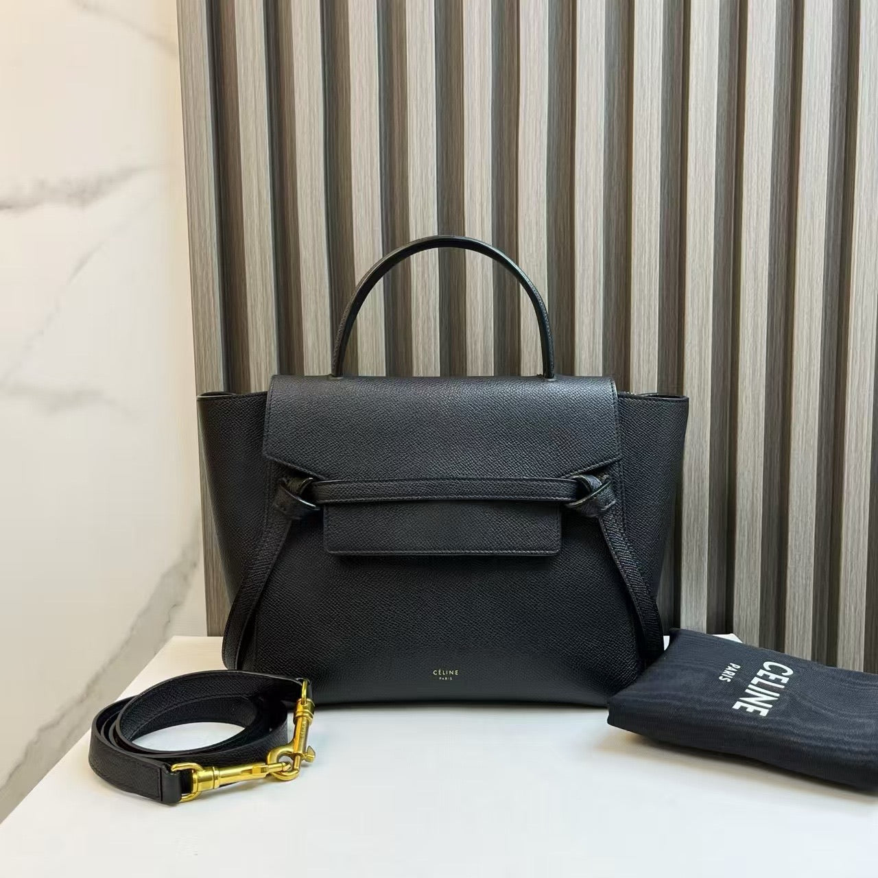 Luxury CELINE Belt Bag Black Leather Two-Way Satchel