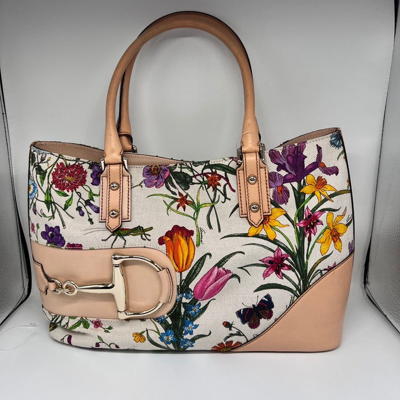Gucci   Z1521 Canvas & Leather Floral Tote Bag