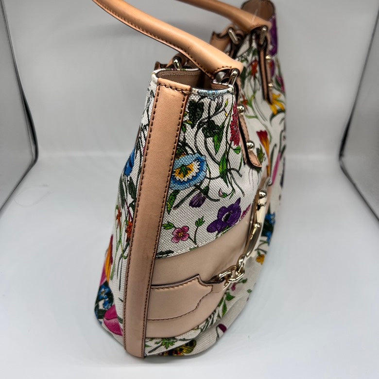 Gucci   Z1521 Canvas & Leather Floral Tote Bag