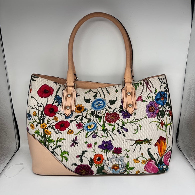 Gucci   Z1521 Canvas & Leather Floral Tote Bag