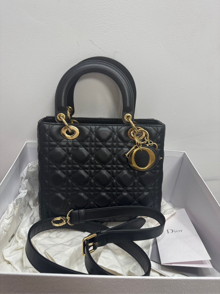 Lady Dior Medium Black Leather Top Handle Bag with Gold Hardware -  Full Set