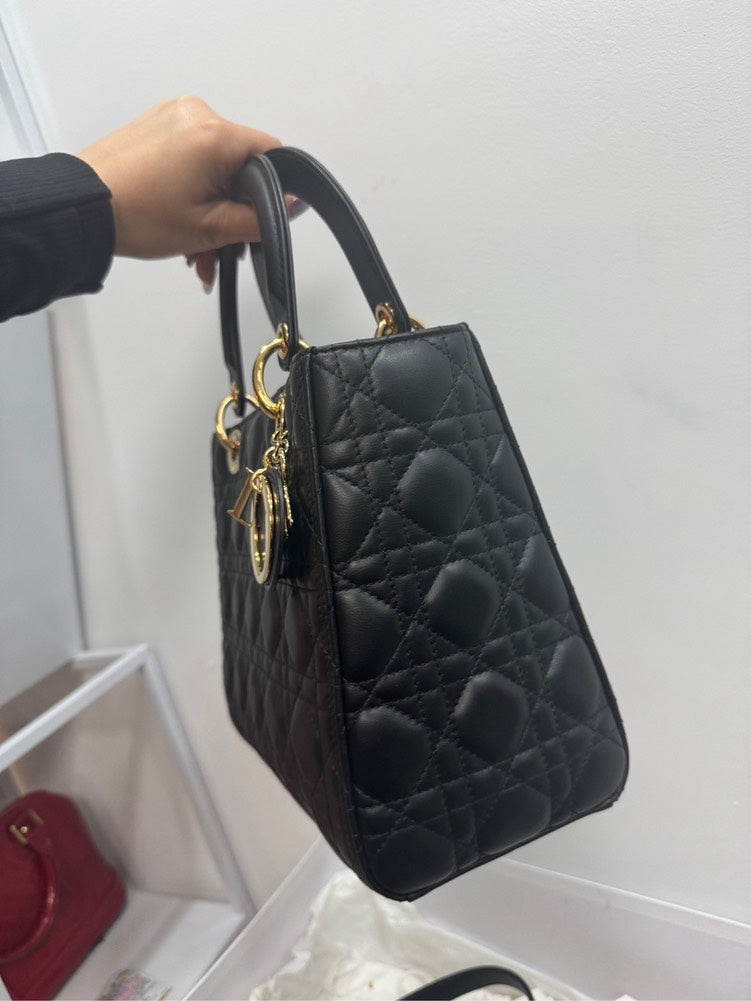 Lady Dior Medium Black Leather Top Handle Bag with Gold Hardware -  Full Set