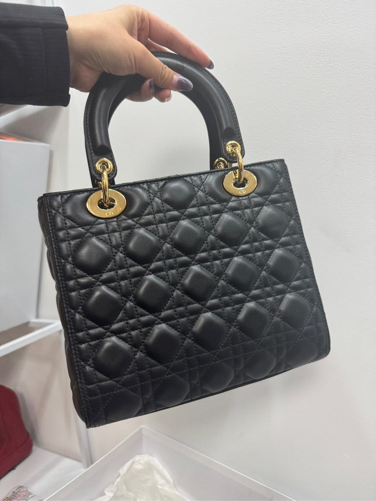 Lady Dior Medium Black Leather Top Handle Bag with Gold Hardware -  Full Set
