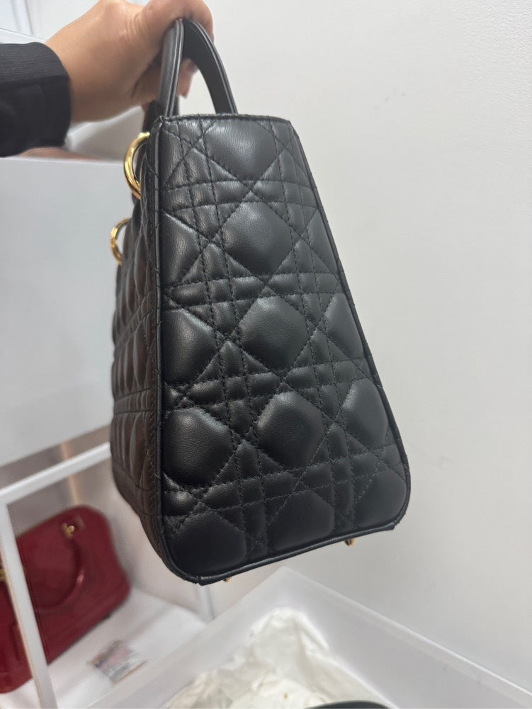 Lady Dior Medium Black Leather Top Handle Bag with Gold Hardware -  Full Set