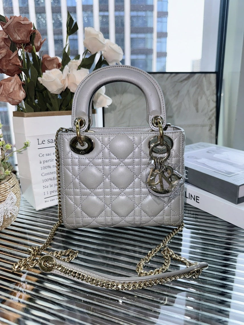 Dior Lady Dior Silver Leather Medium Shoulder Bag