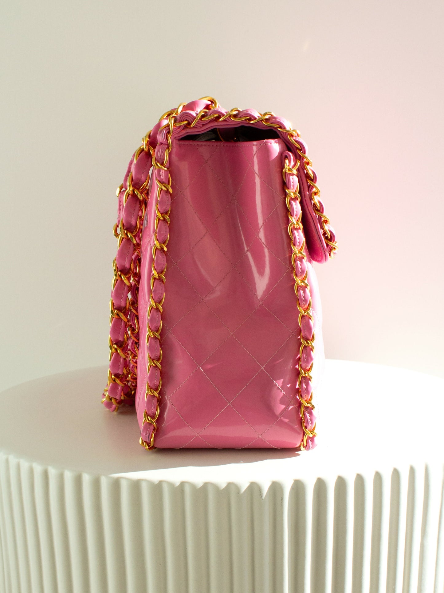 Chanel  S/S1995 Barbie Pink 24K Gold Chain Around Patent Lambskin Jumbo XL 95P Bag