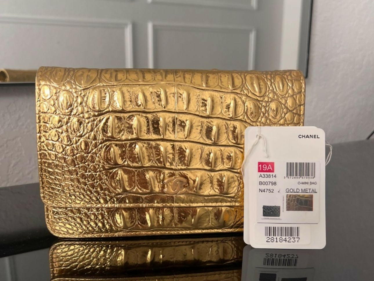 Chanel Egypt Crocodile-Embossed Gold Wallet on Chain