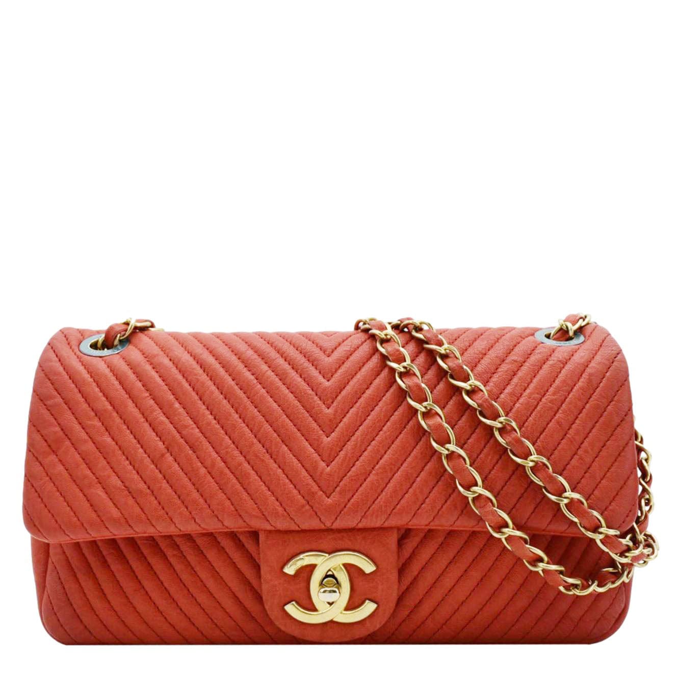 CHANEL Medallion Charm Flap Medium Wrinkled Chevron Leather Crossbody Bag Red