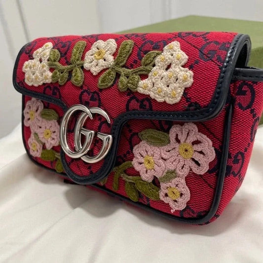 Gucci Monogram Multicolor Super Mini GG Marmont in Red with Floral Embroidery