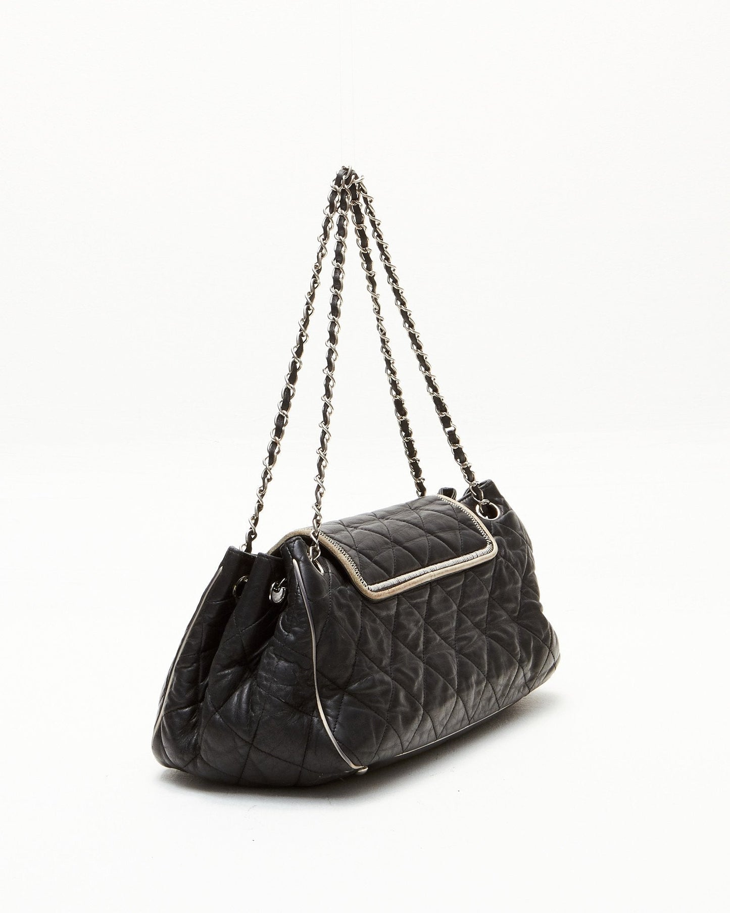 Chanel Black Lambskin Quilted Leather East West Mademoiselle Accordion Flap Shoulder Bag