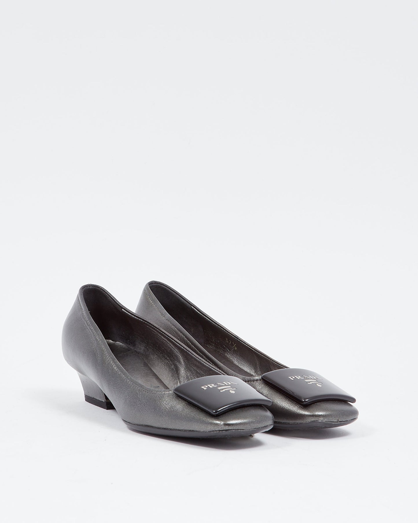 Prada Metallic Grey Kitten Block Heel Pumps - 37.5