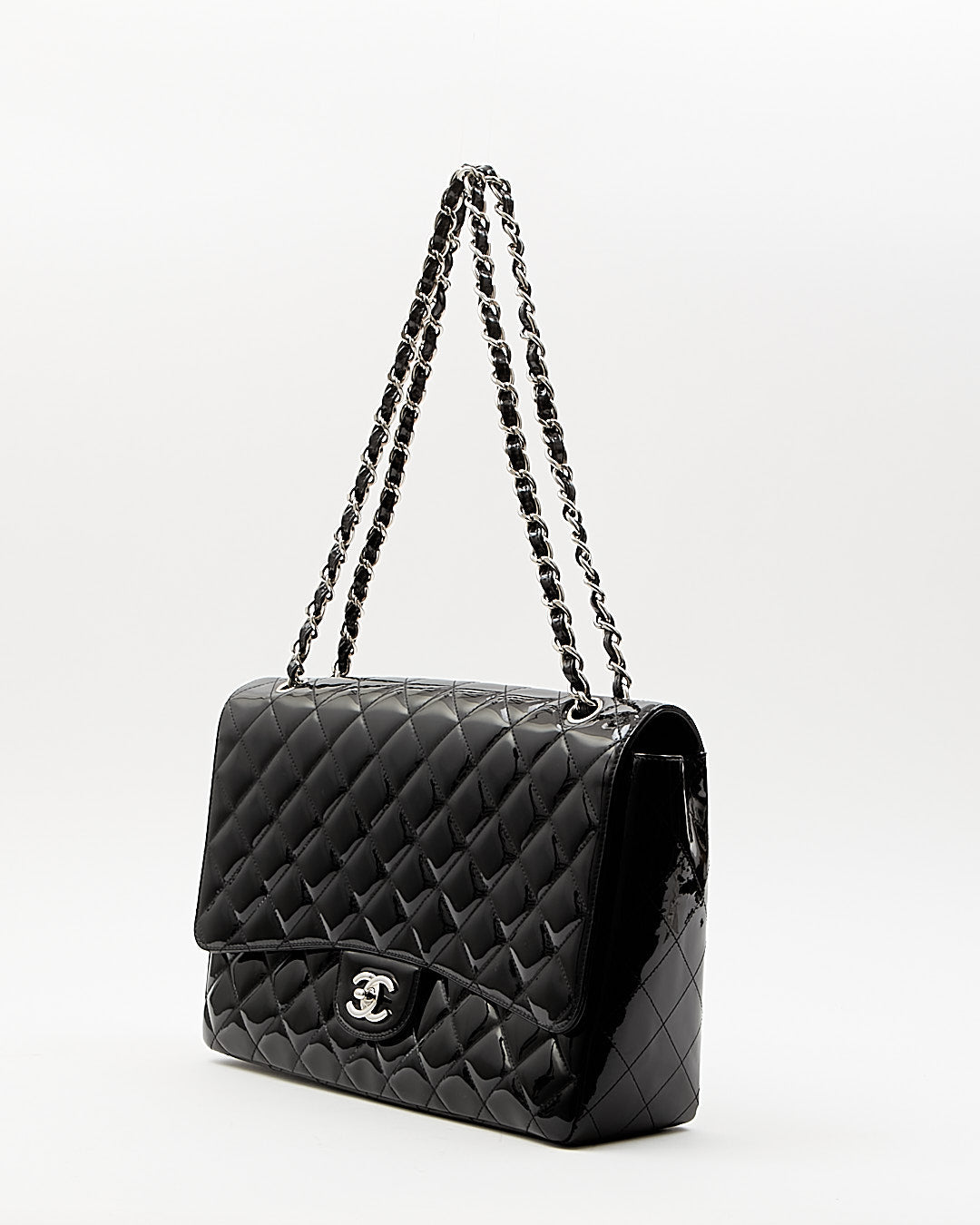Chanel Black Patent Quilted Classic Single Flap Maxi Chain Bag