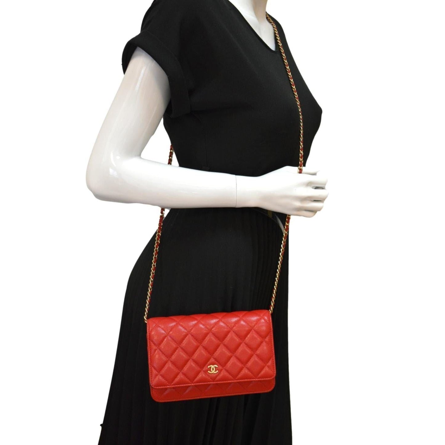 CHANEL CC WOC Caviar Leather Wallet On Chain Crossbody Bag Red