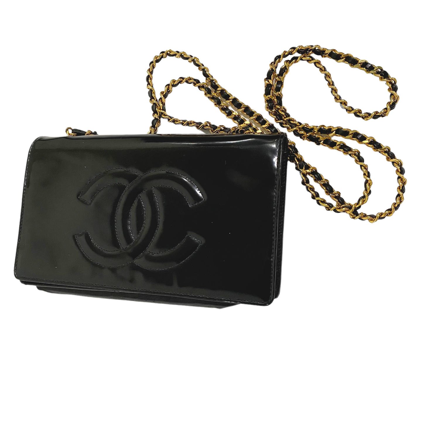 Chanel Vintage Black Patent Leather CC Logo Wallet On Chain WOC Bag