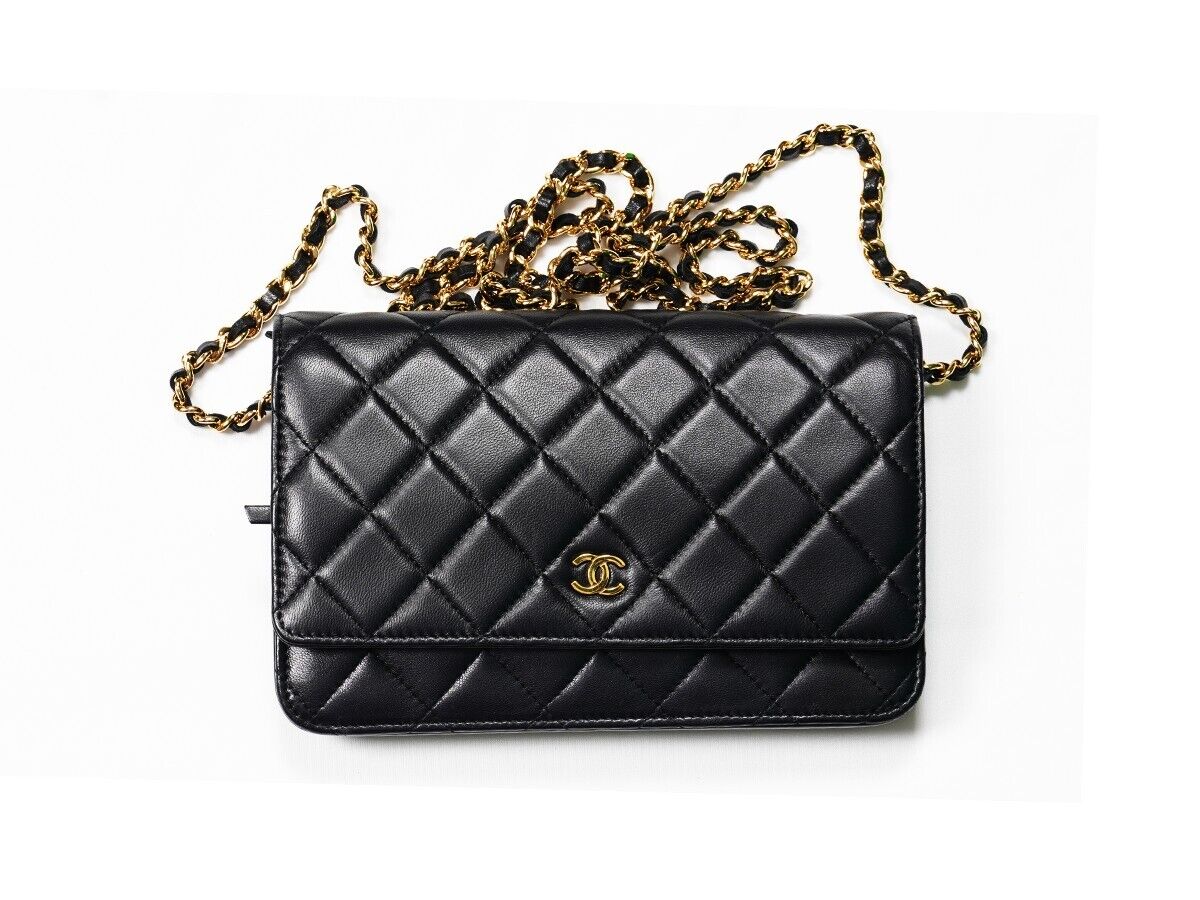Authenic Black CHANEL Wallet On Chain - Gold Chain - Quilted Lambskin