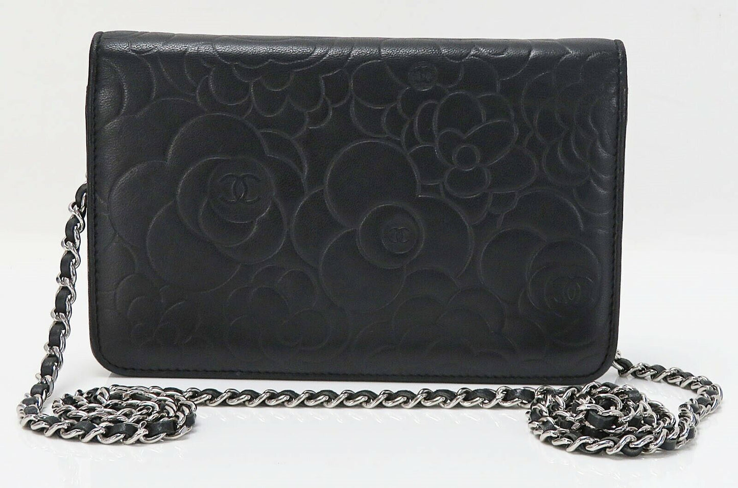 CHANEL Black Camellia Pattern Leather Wallet on Chain Bag WOC