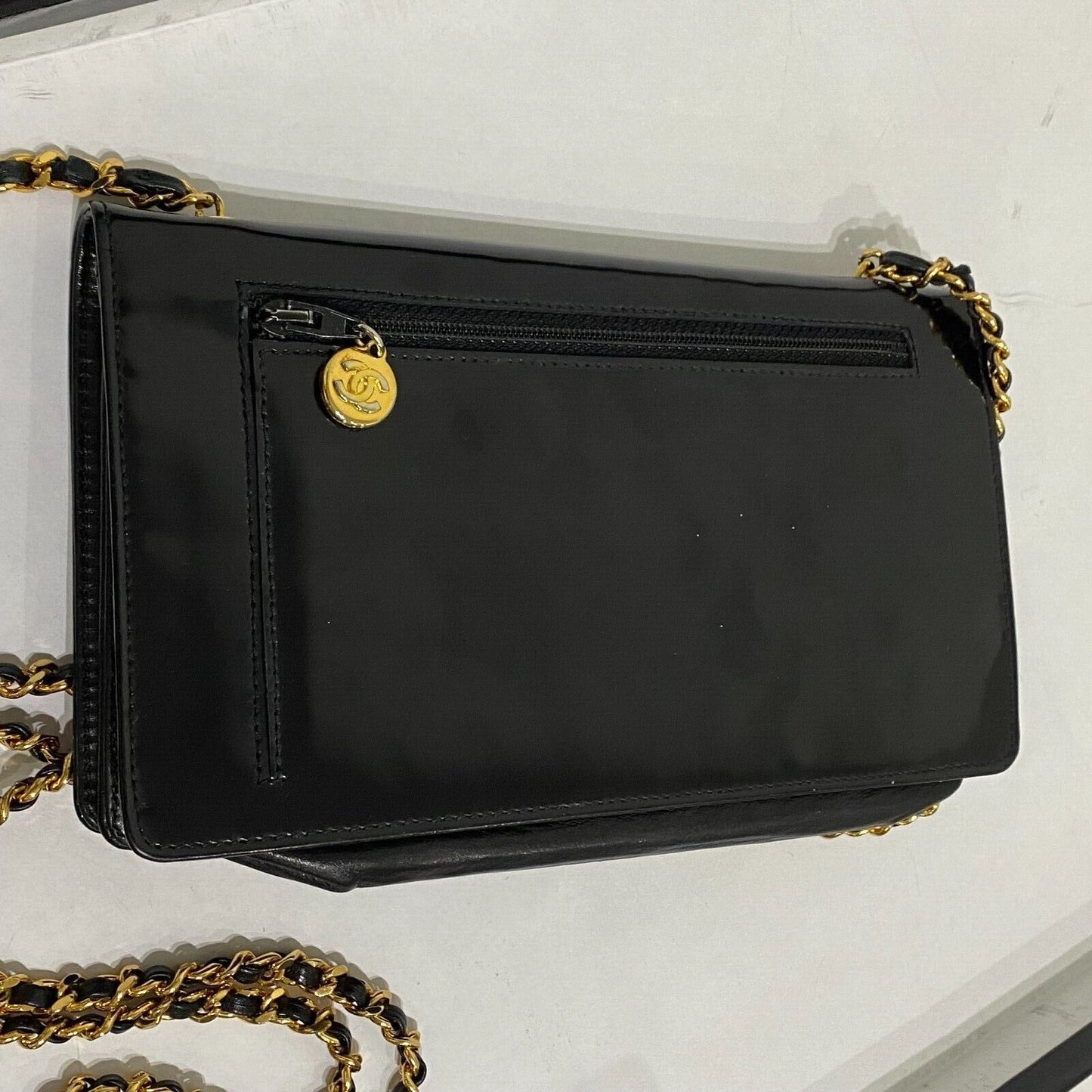 Chanel Vintage Black Patent Leather CC Logo Wallet On Chain WOC Bag