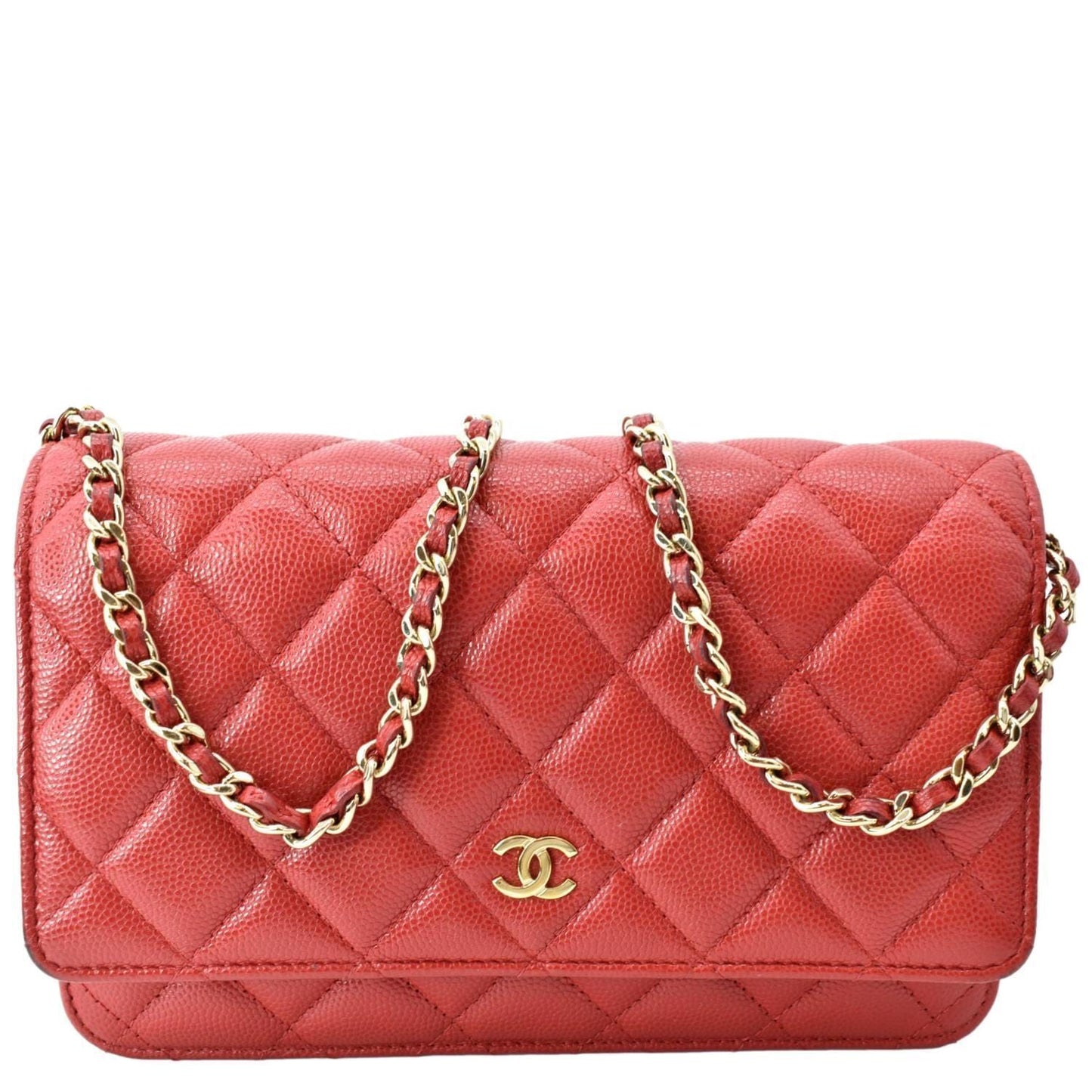 CHANEL CC WOC Caviar Leather Wallet On Chain Crossbody Bag Red