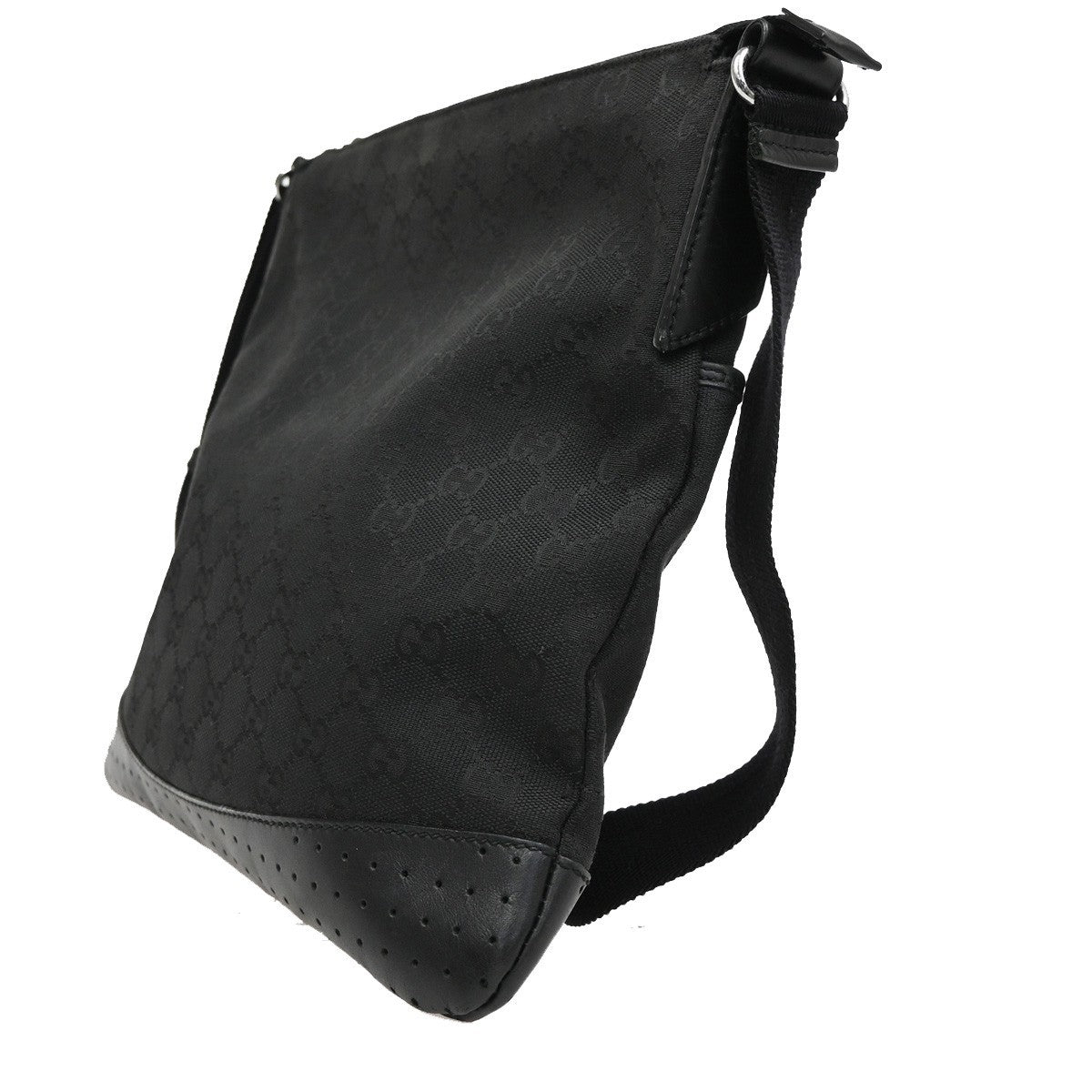 Gucci Zip Messenger Bag Gg Canvas With Perforated Leather Black Canvas Shoulder Bag Bag ( )