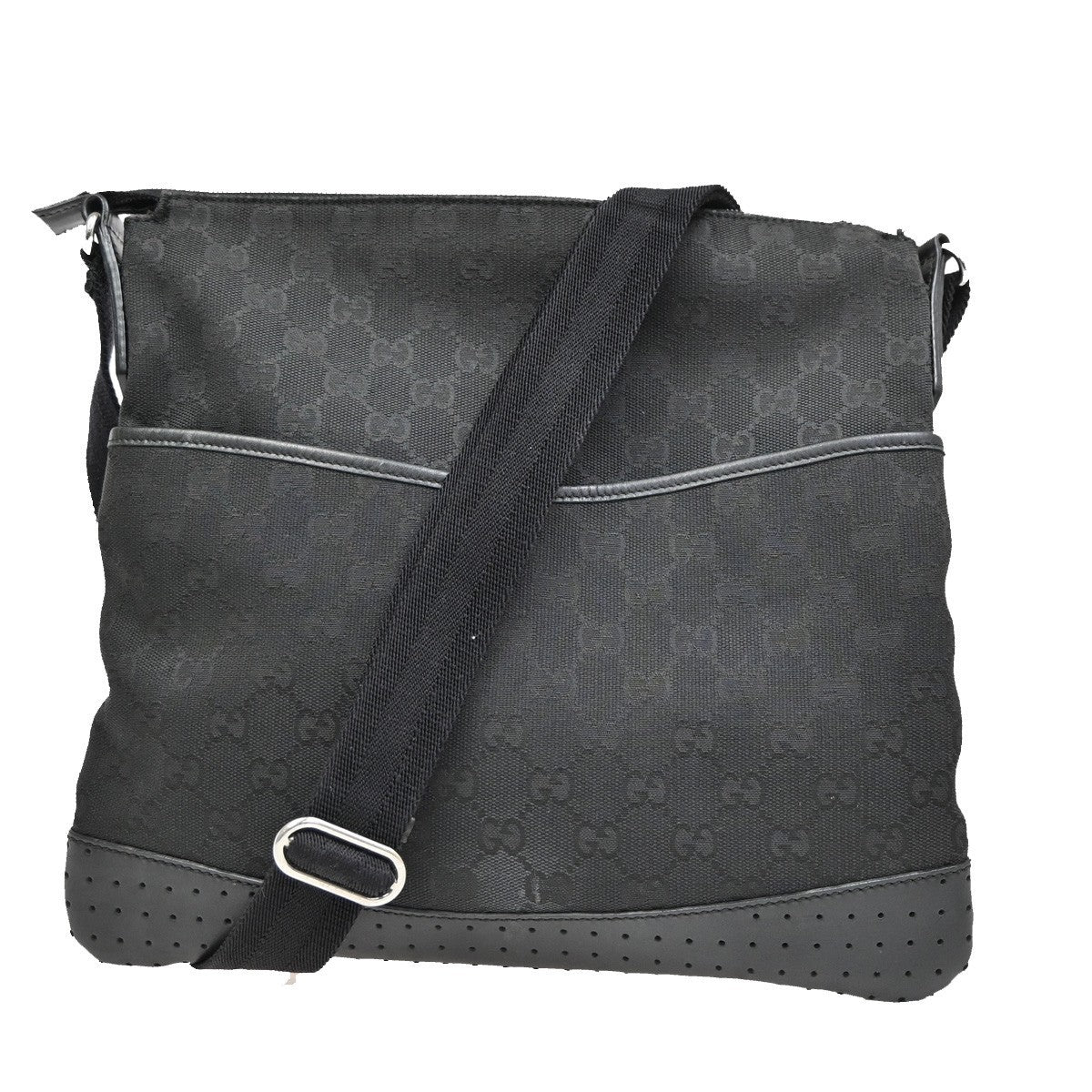 Gucci Zip Messenger Bag Gg Canvas With Perforated Leather Black Canvas Shoulder Bag Bag ( )
