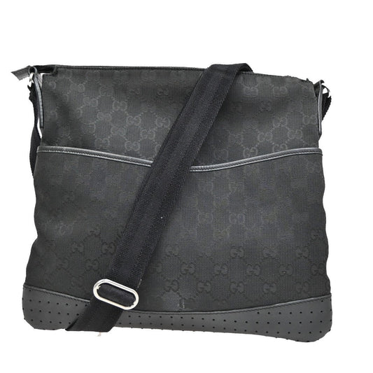 Gucci Zip Messenger Bag Gg Canvas With Perforated Leather Black Canvas Shoulder Bag Bag ( )