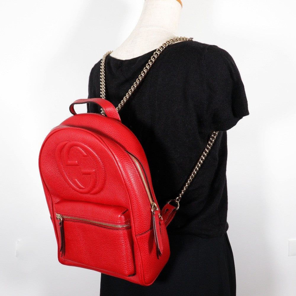 Gucci Soho Chain Backpack Leather Red Leather Backpack Bag ( )